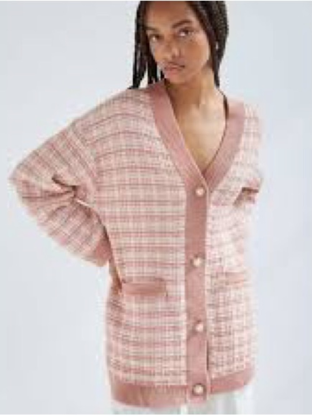 Aritzia Pink Plaid V‑Neck Button Front Cardigan